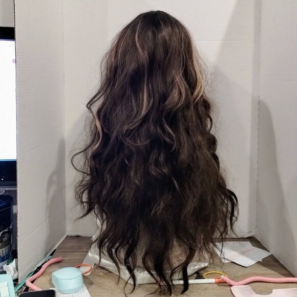 Long 28 Inch Espresso & Honey Caramel Highlighted Wavy Wig main image 4